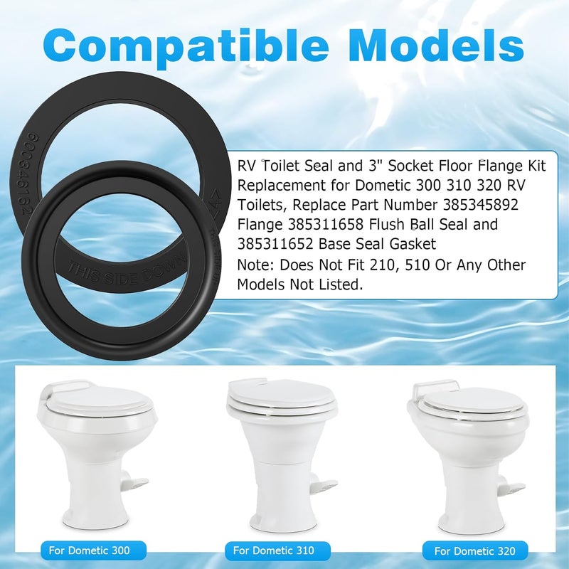 Tecreddy RV Toilet Seal, 3" Socket Floor Flange Kit Replacement for Dometic 300 310 320 RV Toilets, 385345892 Flange 385311658 Flush Ball Seal and 385311652 Base Seal Gasket - Image 5